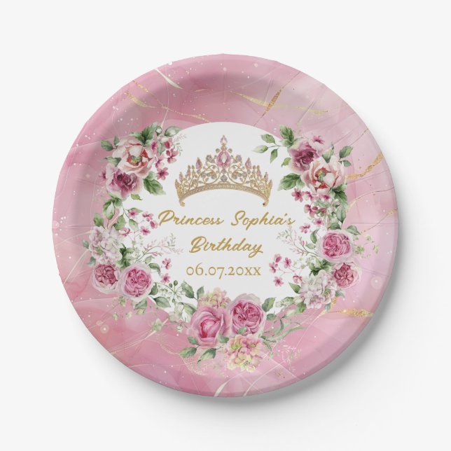 Pink Gold Fairytale Princess Crown Birthday Party  Paper Plates (Front)