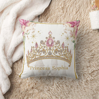 Pink Gold Fairytale Princess Crown Birthday Party Throw Pillow