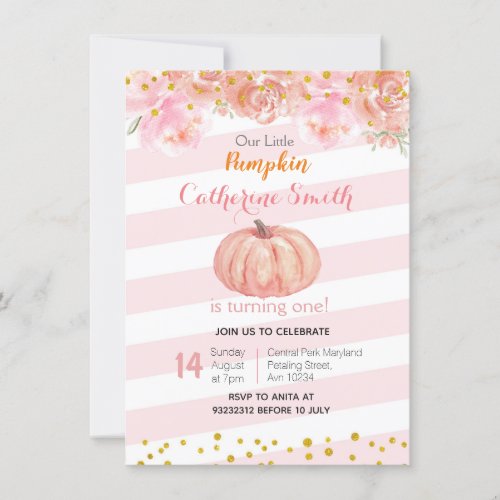 Pink Gold Fall Floral Pumpkin 1st Birthday Invitation
