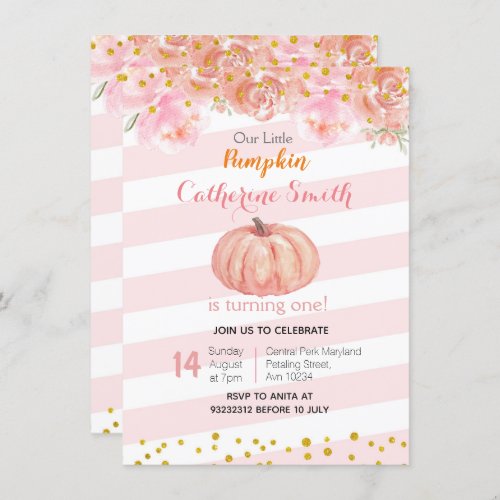 Pink Gold Fall Floral Pumpkin 1st Birthday Invitation