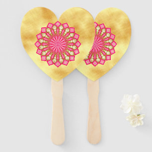 Pink Gold Fantasy Mandala on Soft Gold Background Hand Fan
