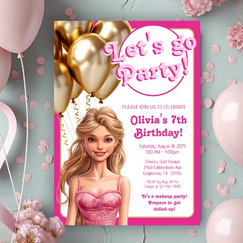 Pink Gold Fashion Doll Birthday Party Invitation