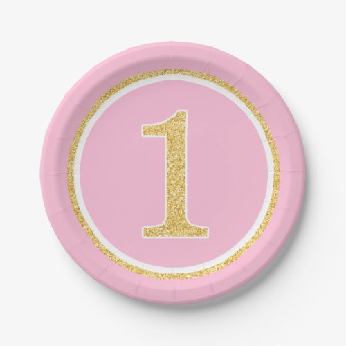 Pink Gold Faux Glitter Circle 1st Birthday Paper Plates