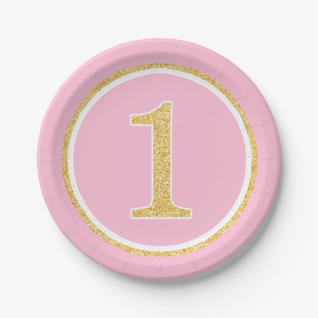 Pink Gold Faux Glitter Circle 1st Birthday Paper Plates (Front)