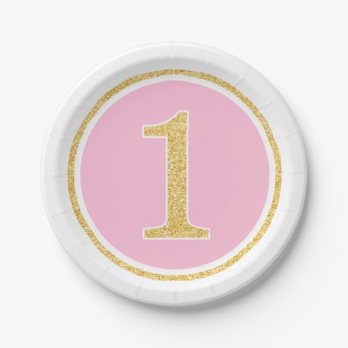 Pink Gold Faux Glitter Circle First Birthday Paper Plates