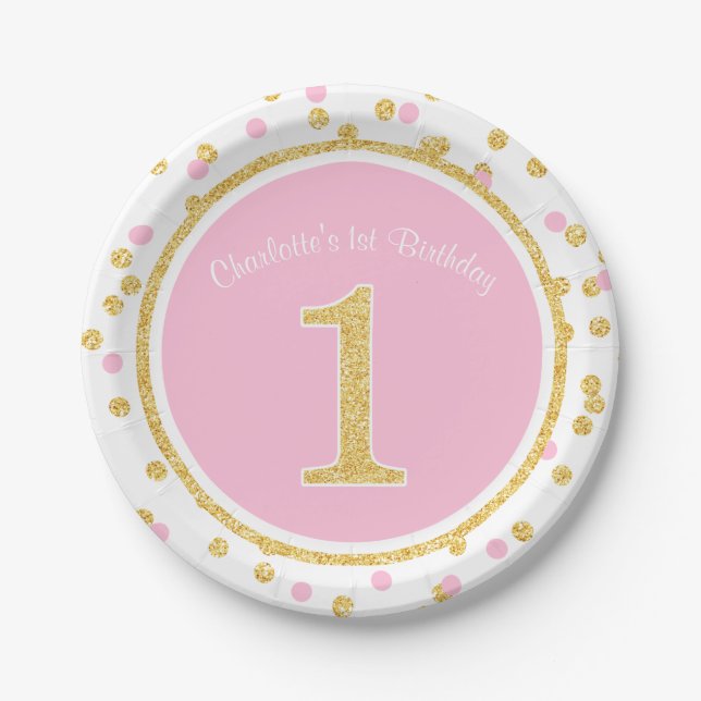 Pink Gold Faux Glitter Confetti 1st Birthday Name Paper Plates (Front)