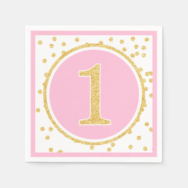 Pink Gold Faux Glitter Confetti 1st Birthday Paper Napkins (Front)