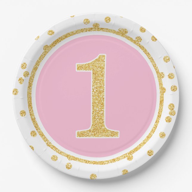Pink Gold Faux Glitter Confetti 1st Birthday Paper Plates (Front)