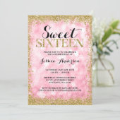 Pink Gold Faux Glitter Lights Sweet 16 Birthday Invitation (Standing Front)