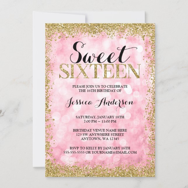 Pink Gold Faux Glitter Lights Sweet 16 Birthday Invitation (Front)