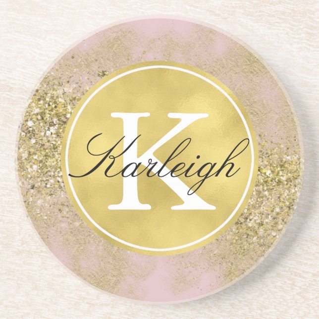 Pink Gold Faux Glitter Personalized Monogram Coaster (Front)