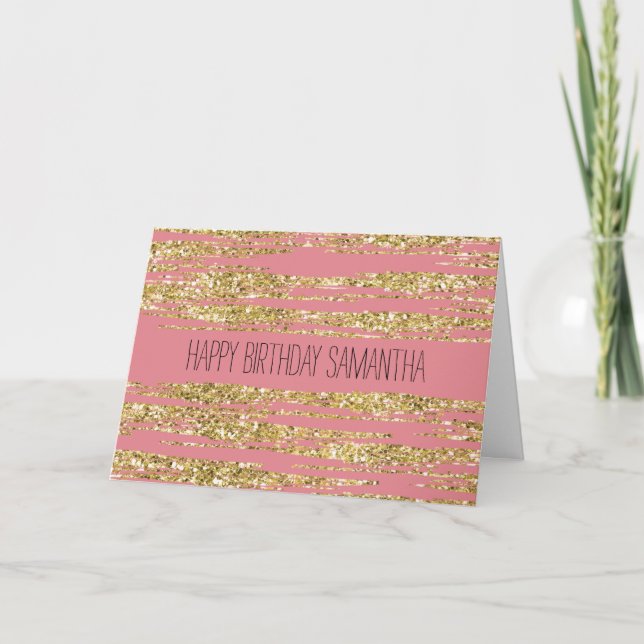 Pink Gold Faux Glitter Stripes Card (Front)