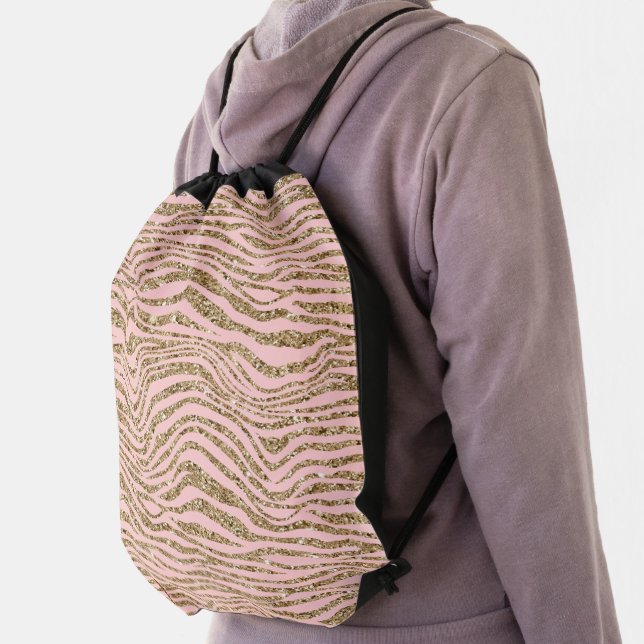 Pink Gold Faux Glitter Zebra Print Drawstring Bag (Insitu)