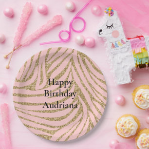 Pink Gold Faux Glitter Zebra Print Paper Plates