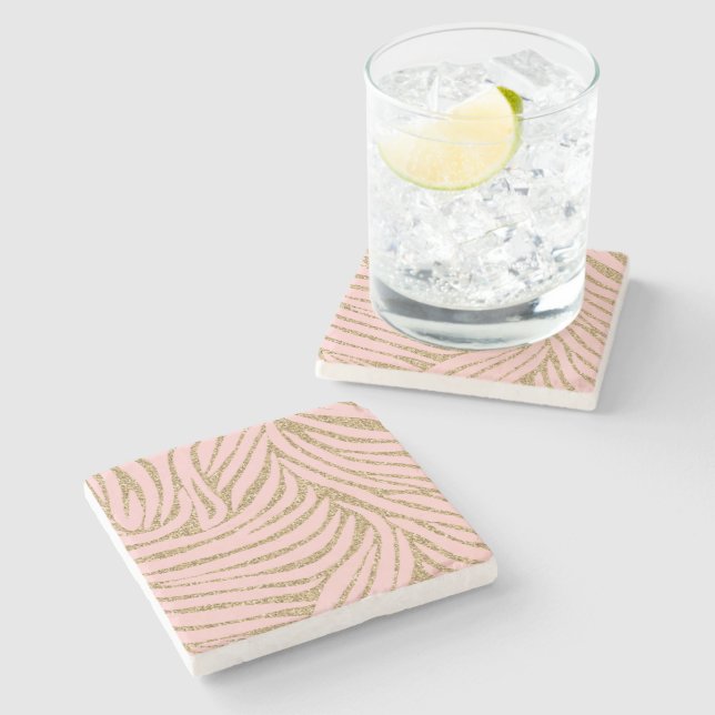 Pink Gold Faux Glitter Zebra Print Stone Coaster (Side)