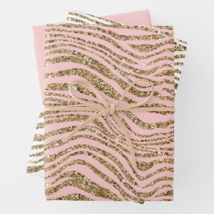Pink Gold Faux Glitter Zebra Print Wrapping Paper Sheets