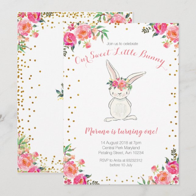 Pink gold first birthday bunny invitation (Front/Back)