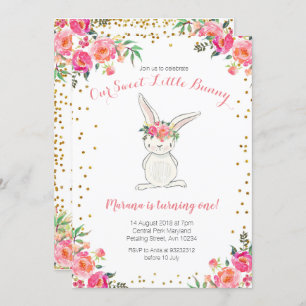 Pink gold first birthday bunny invitation