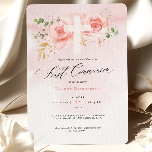 Pink  Gold First Communion Invitation Roses