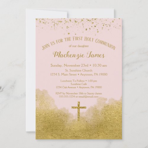 Pink Gold First Holy Communion Invitation Girl