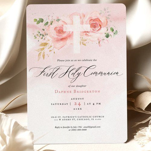 Pink  Gold First Holy Communion Invitation Roses
