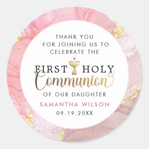 Pink  Gold First Holy Communion Thank You  Classic Round Sticker