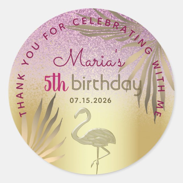 Pink Gold Flamingo 5th Birthday Classic Round Sticker (Front)