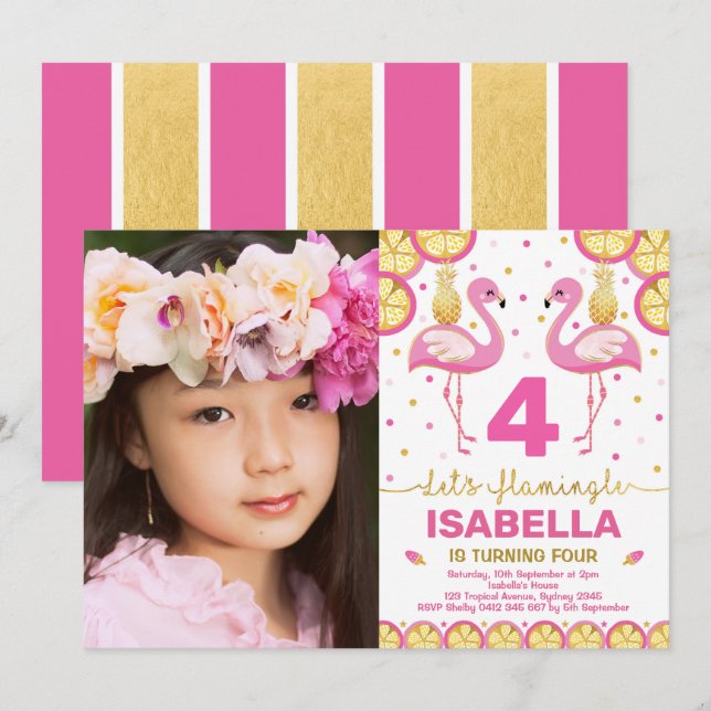 Pink Gold Flamingo Birthday Tropical Pool Party Invitation (Front/Back)