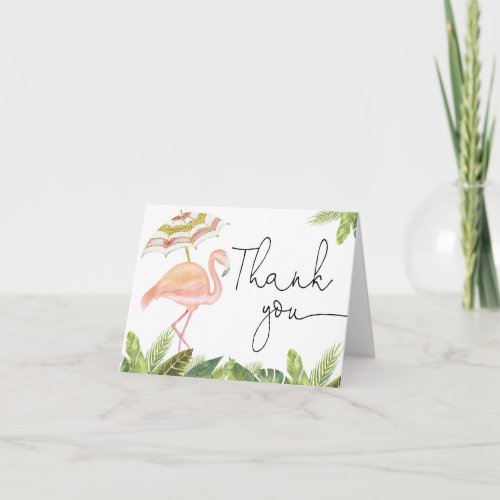 Pink gold flamingo greenery tropical leaves thank you card