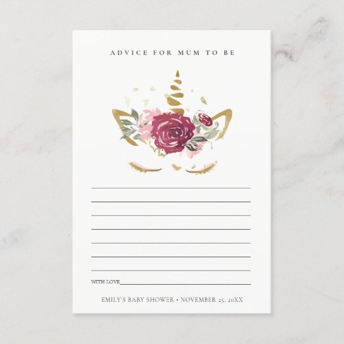 Pink Gold Flora Unicorn Advise for Mum Baby Shower Enclosure Card