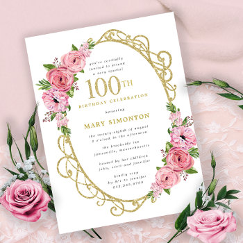 Pink Gold Floral 100th Birthday Party Invitation Postcard by Celebrais at Zazzle