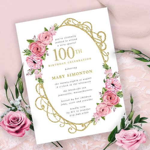 Pink Gold Floral 100th Birthday Party Invitation Postcard