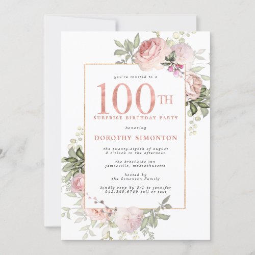 Pink Gold Floral 100th Birthday Surprise Party Invitation