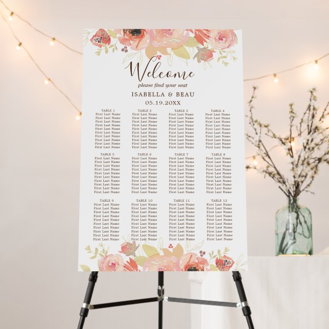 Pink Gold Floral 12 Table Wedding Seating Chart Foam Board (In Situ (Stand))
