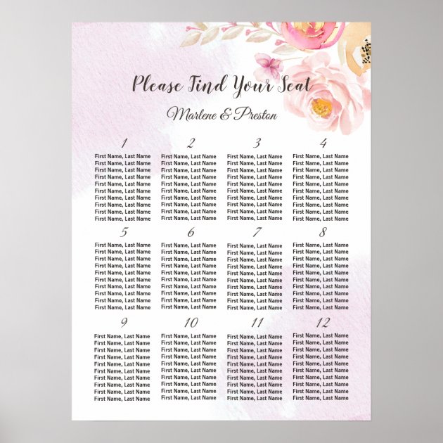 Pink & Gold Floral 12 Tables Wedding Seating Chart
