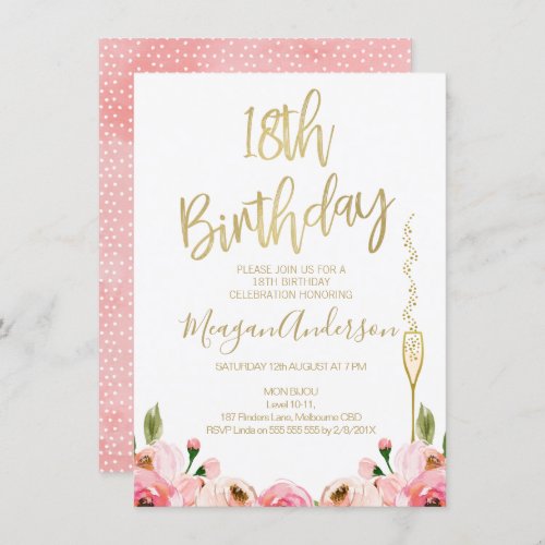 Pink Gold Floral 18th birthday invitation