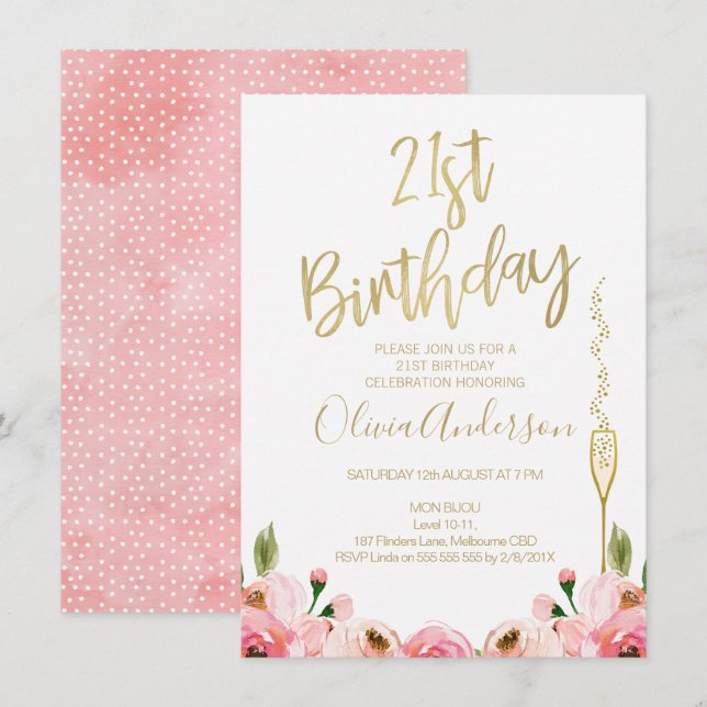 Pink Gold Floral 21st birthday invitation (Front/Back)