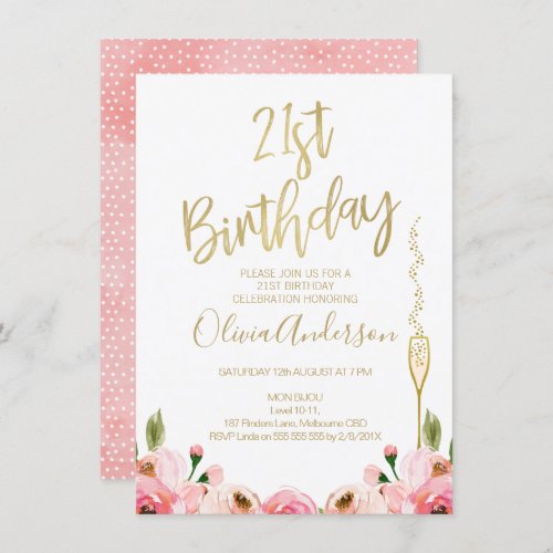 Pink Gold Floral 21st birthday invitation