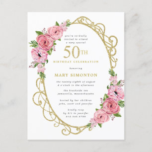Pink Gold Floral 50th Invitation Postcard