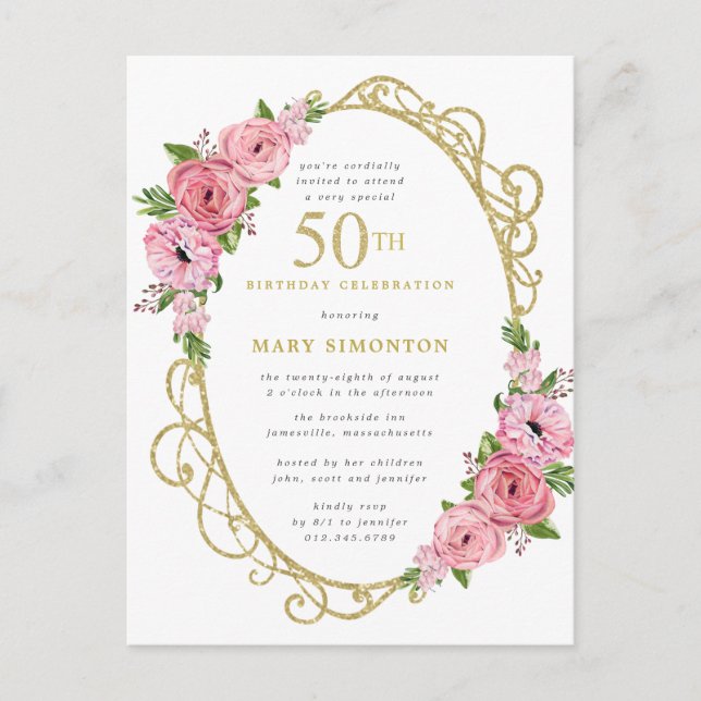 Pink Gold Floral 50th  Invitation Postcard (Front)