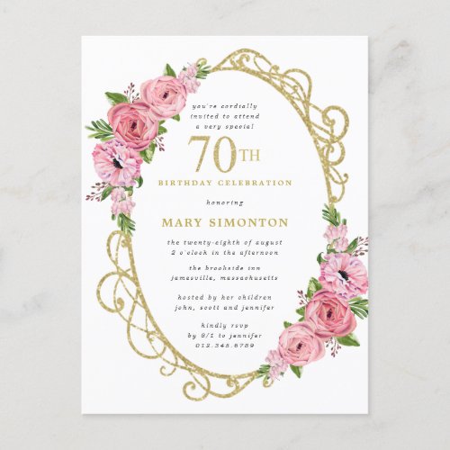 Pink Gold Floral 70th Birthday Invitation Postcard