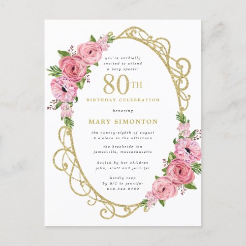 Pink Gold Floral 80th Birthday Party Invitation