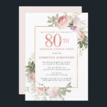 Pink Gold Floral 80th Birthday Surprise Party Invitation<br><div class="desc">Honor a special woman with this elegant and feminine 80th Birthday surprise party invitation. 80th is written in large rose pink text, surprise birthday party follows. The honored guest's name is also in pink capital letters. The remainder of the text is soft dove grey. The 80th birthday surprise party details...</div>