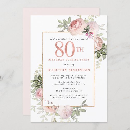 Pink Gold Floral 80th Birthday Surprise Party Invitation