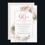 Pink Gold Floral 90th Birthday Party Invitation<br><div class="desc">Honor a special woman with this elegant and feminine 90th Birthday party invitation. 90th is written in large rose pink text. Suprise Birthday Party follows. The honored guest's name is also in pink capital letters. The remainder of the text is soft dove grey. The 90th birthday celebration details are surrounded...</div>