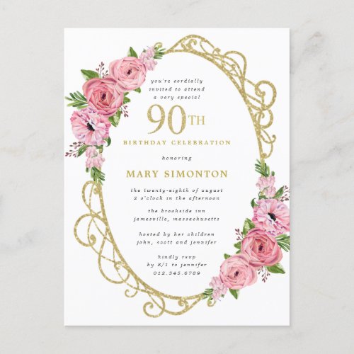 Pink Gold Floral 90th Birthday Party Invitation Postcard