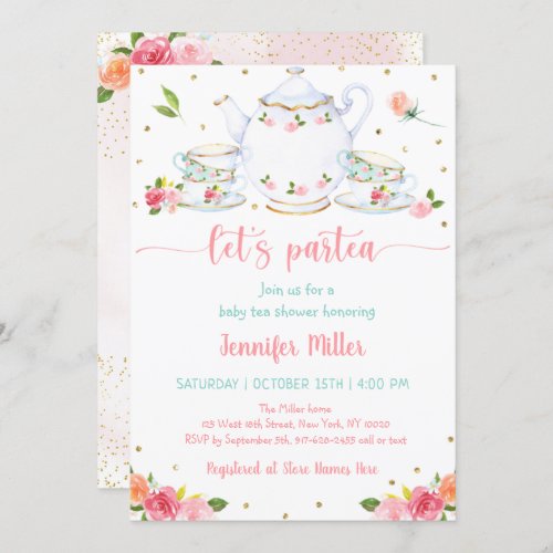 Pink Gold Floral Baby Shower Tea Party Invitation