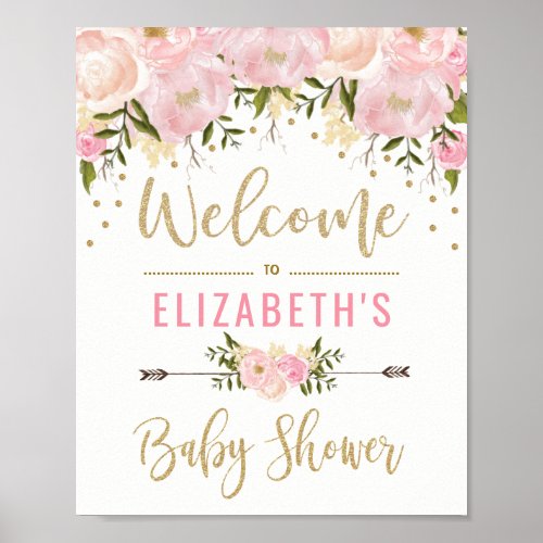 Pink  Gold Floral Baby Shower Welcome Sign Decor