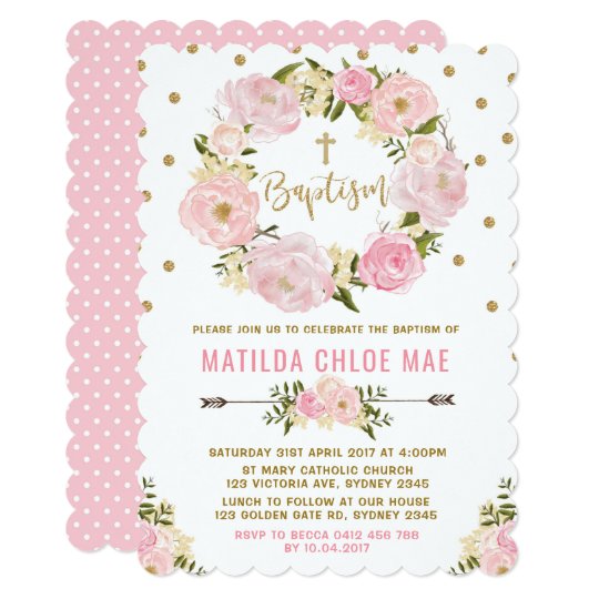 pink gold floral baptism christening invitation zazzle com