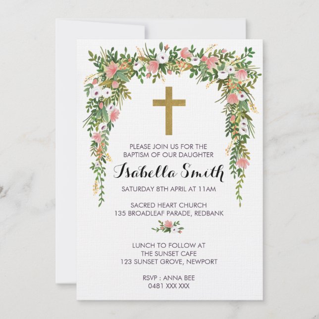 Pink Gold floral Baptism / Christening Invitation (Front)